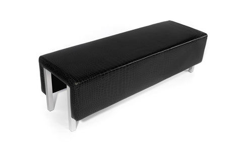 Shown in black gator finish. Steel base frame, powder coat. Wood cushion box. High resilient foam cushion. Upholstered cover with reinforced stitched seams.